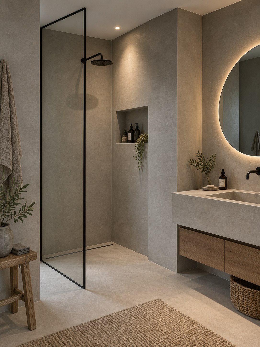 Elegant badeværelse med microcement vægge og moderne design.