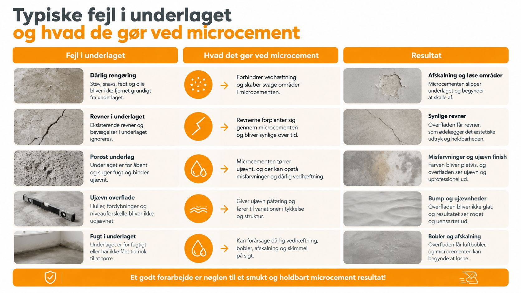 En guide over typiske fejl i underlaget ved arbejde med microcement og hvordan de påvirker slutresultatet.