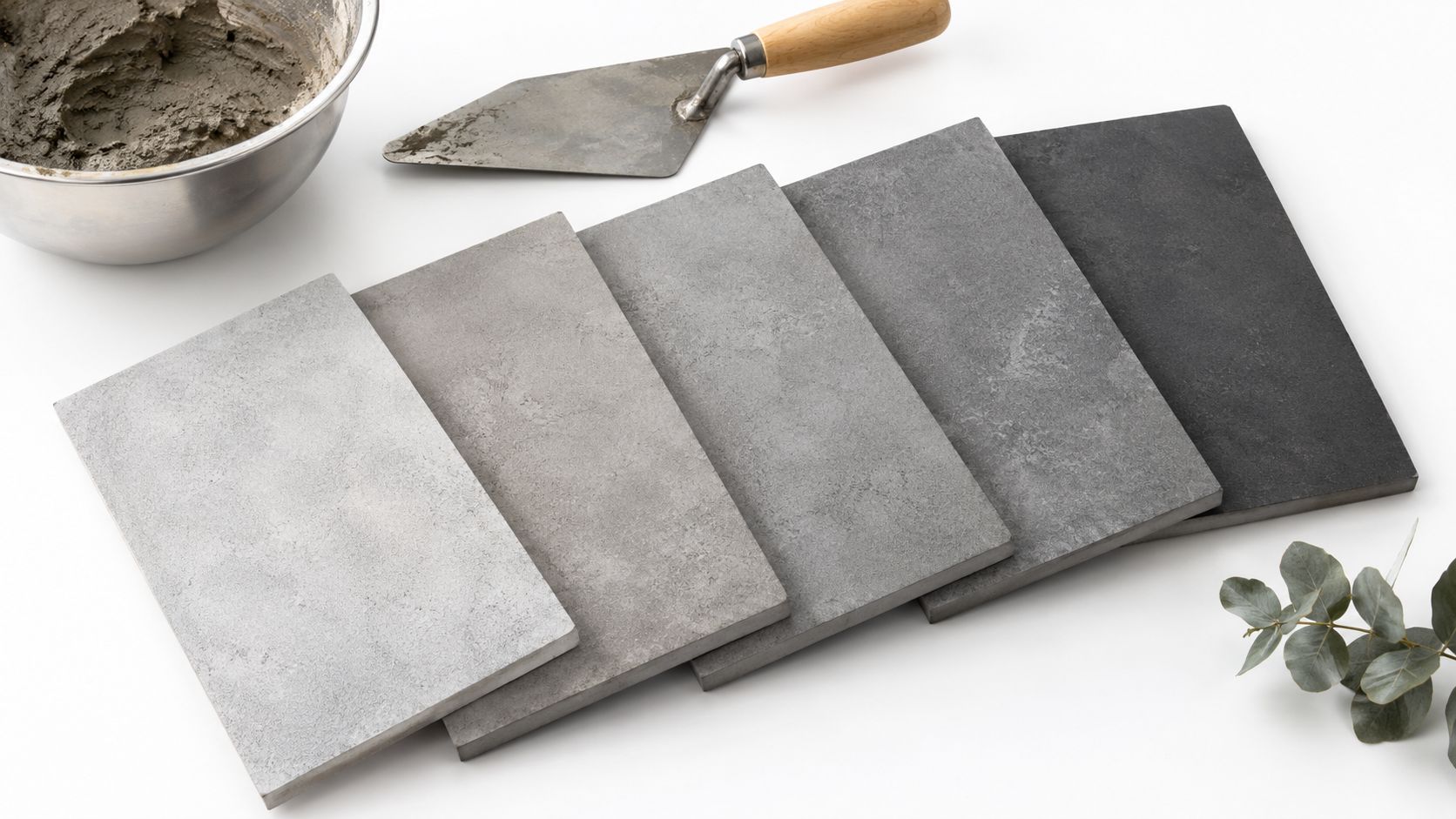 Fem grå fliser med betonlook arrangeret på række ved siden af en murske og en skål med cement.