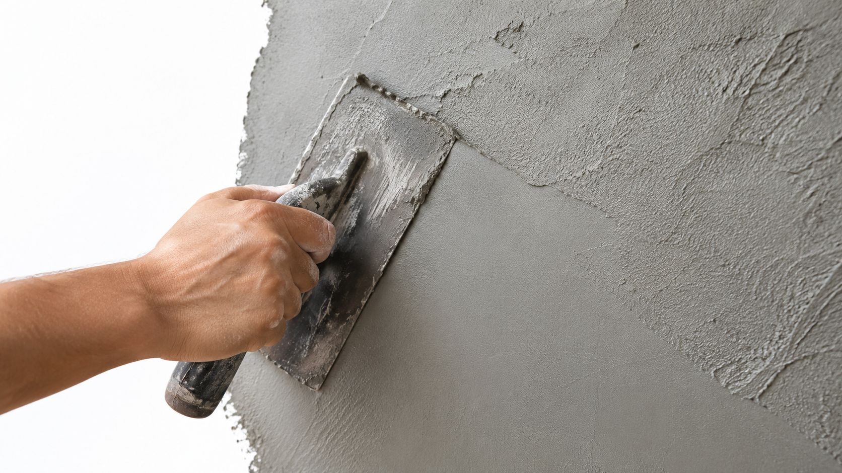 En håndværker glatter en betonvæg med et pudsebræt for at skabe et flot og moderne betonlook.