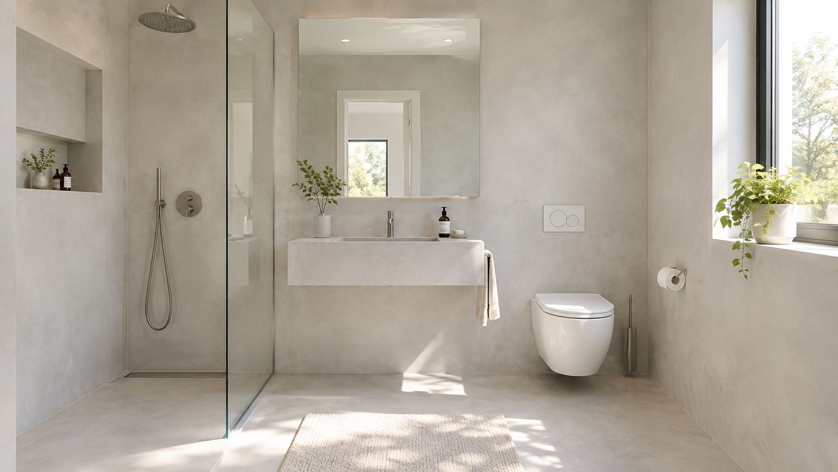 Et moderne badeværelse i minimalistisk stil med lyse microcementvægge, svævende vask, bruseniche og store vinduespartier med planter.