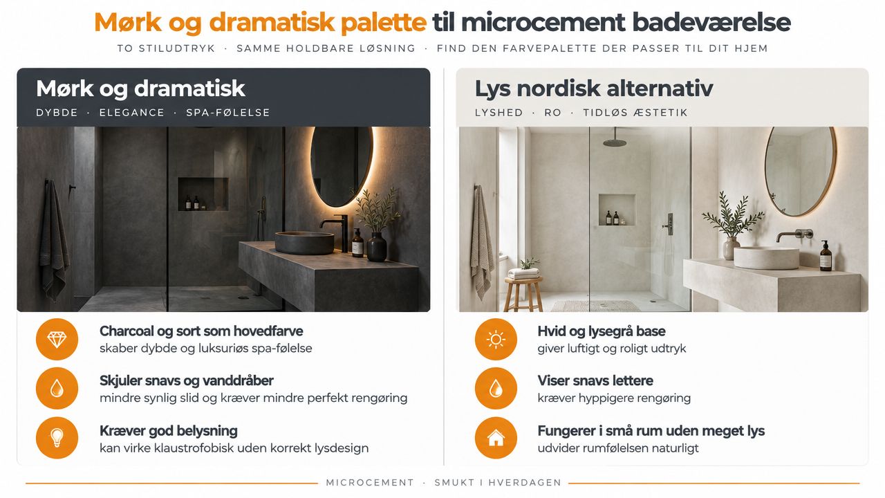 Sammenligning af mørk og lys farvepalette til badeværelser med microcement med fordele og ulemper ved begge stilarter.