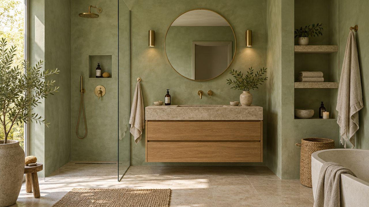 Moderne badeværelse i grønne nuancer med microcement vægge, naturtræ skab, stenbordplade og elegant rundt spejl.