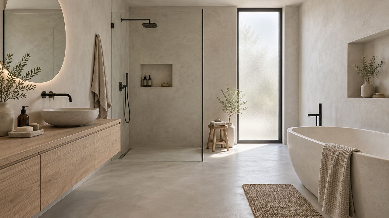 Moderne badeværelse i minimalistisk stil med microcement på vægge og gulv, træmøbel og fritstående badekar.