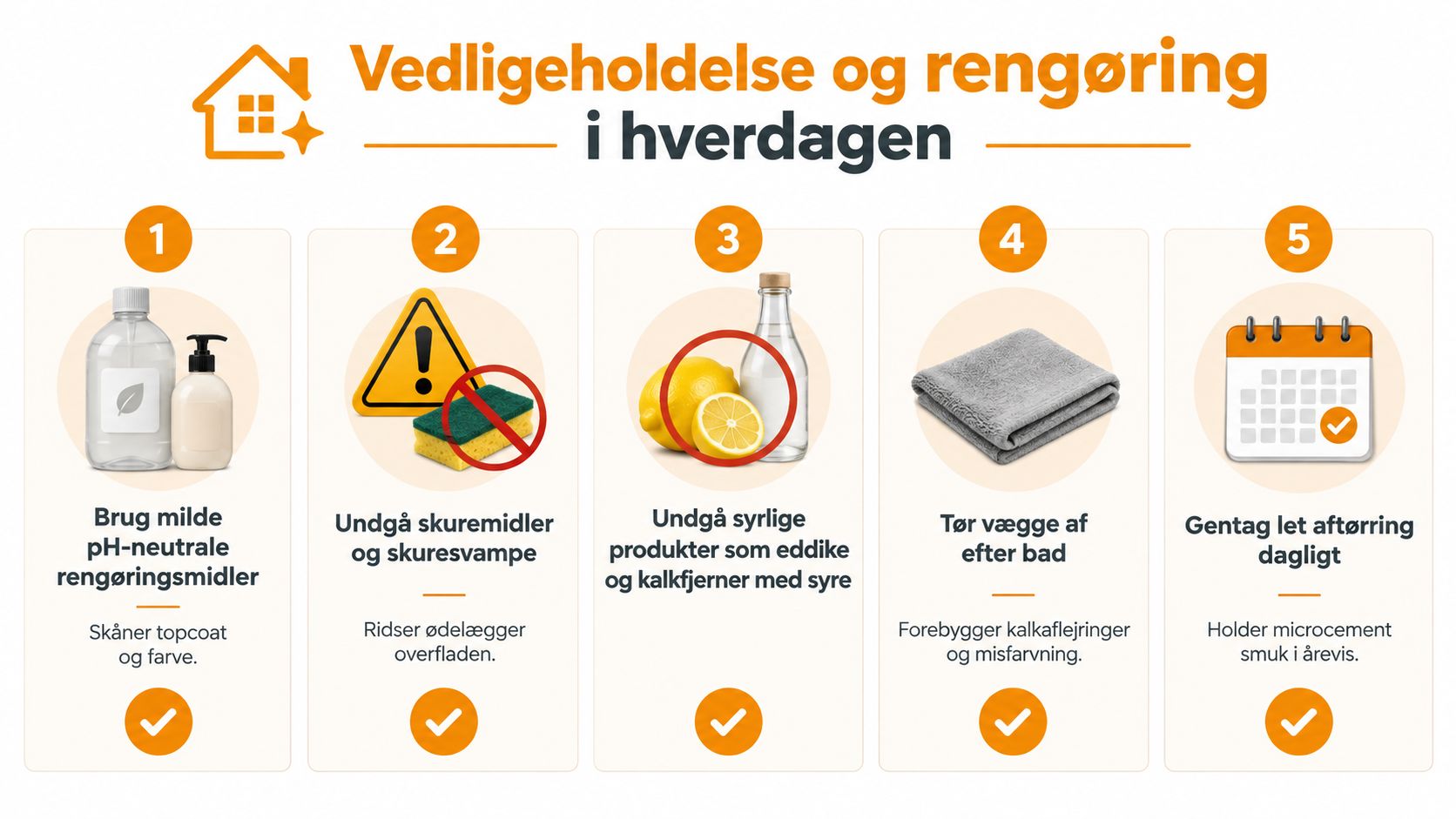 En infografik med fem gode råd til vedligeholdelse og rengøring af overflader som microcement i badeværelset.