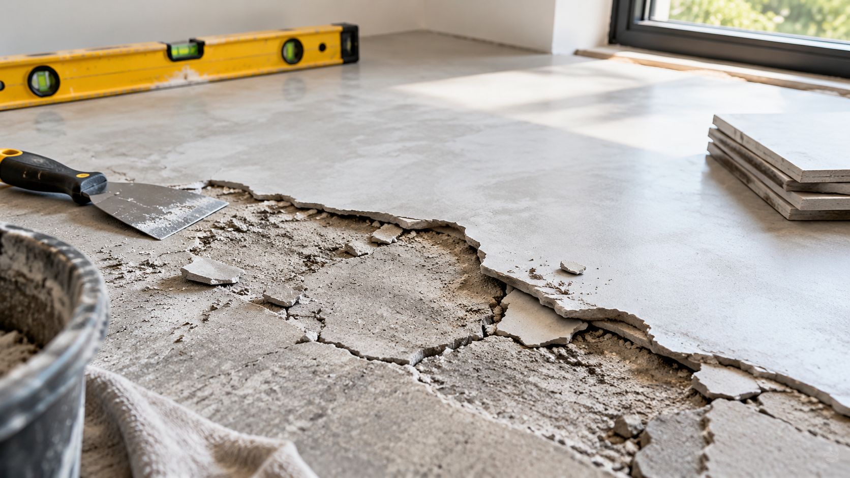 Et beskadiget lag af mikrocement på et gulv med værktøj og fliser i baggrunden under renovering.