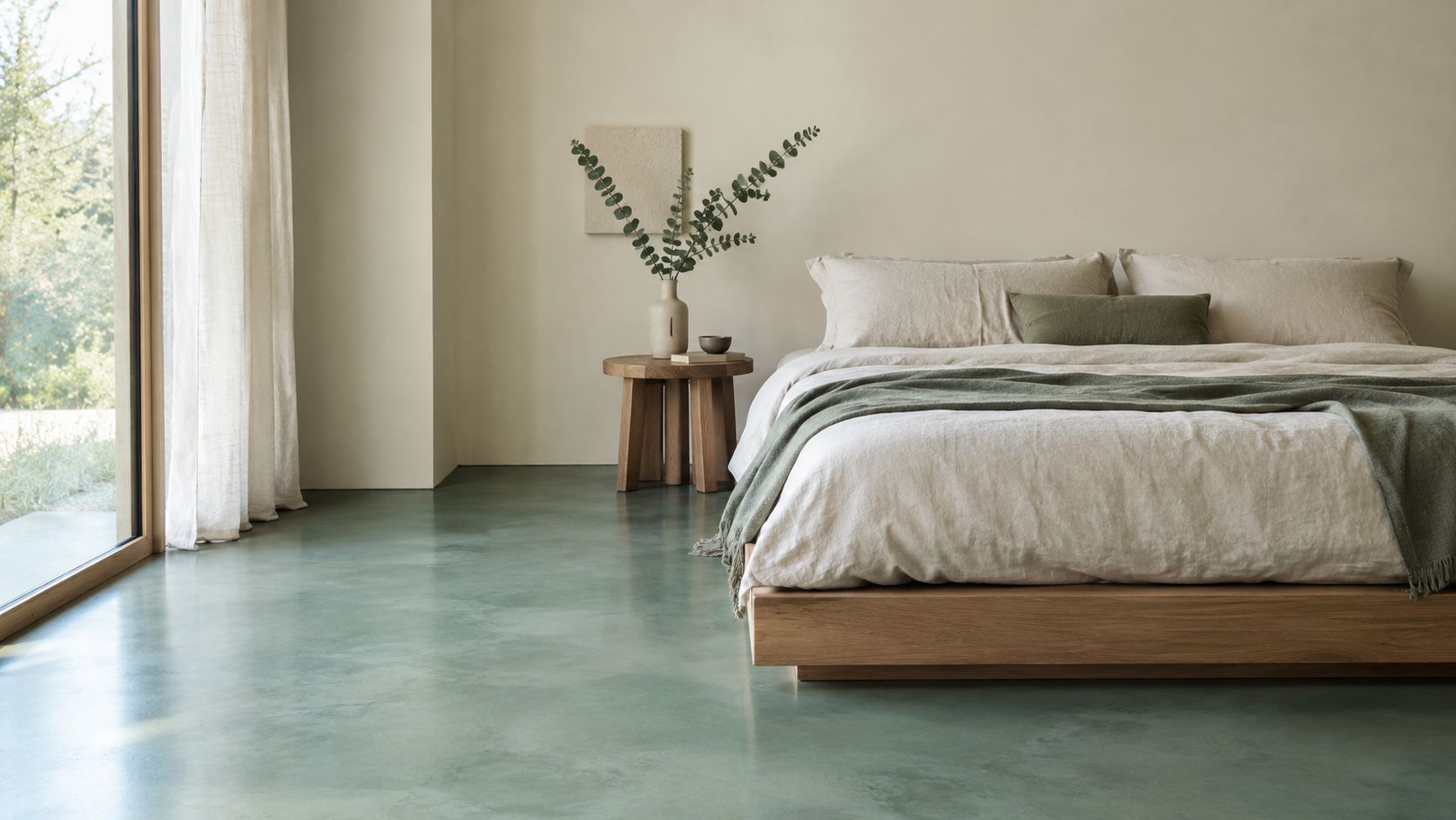 Et soveværelse med et elegant grønt microcement gulv, en moderne træseng og beroligende neutrale toner i indretningen.