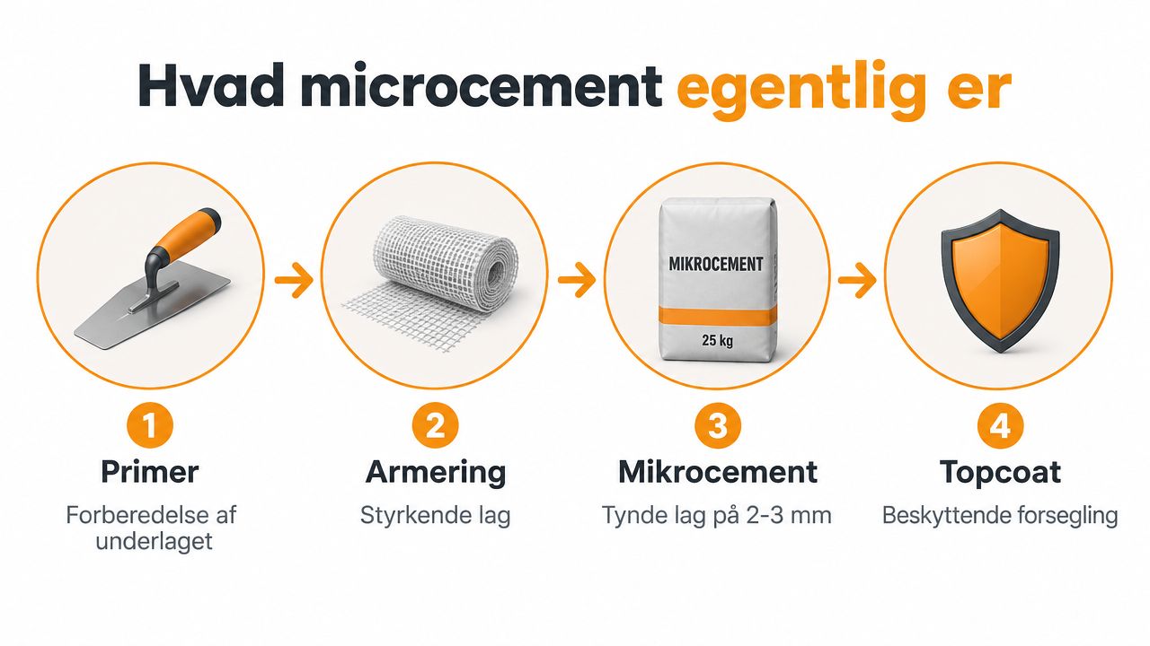 En infografik der viser de fire trin i processen for påføring af mikrocement på et gulv.