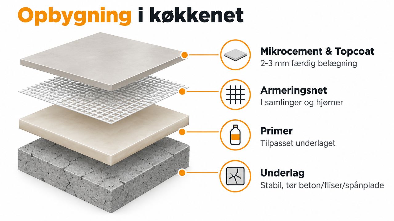 Illustration der viser lag-for-lag opbygningen af mikrocement gulv i et køkken med forskellige materialelag.