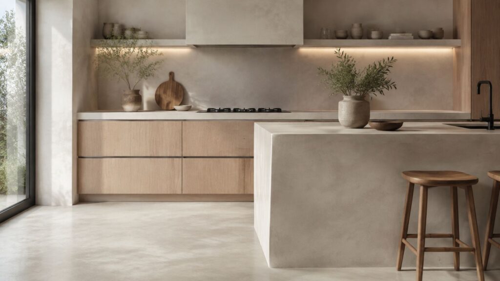 Elegant køkken med træ- og betonfinish, moderne indretning og naturligt lys.