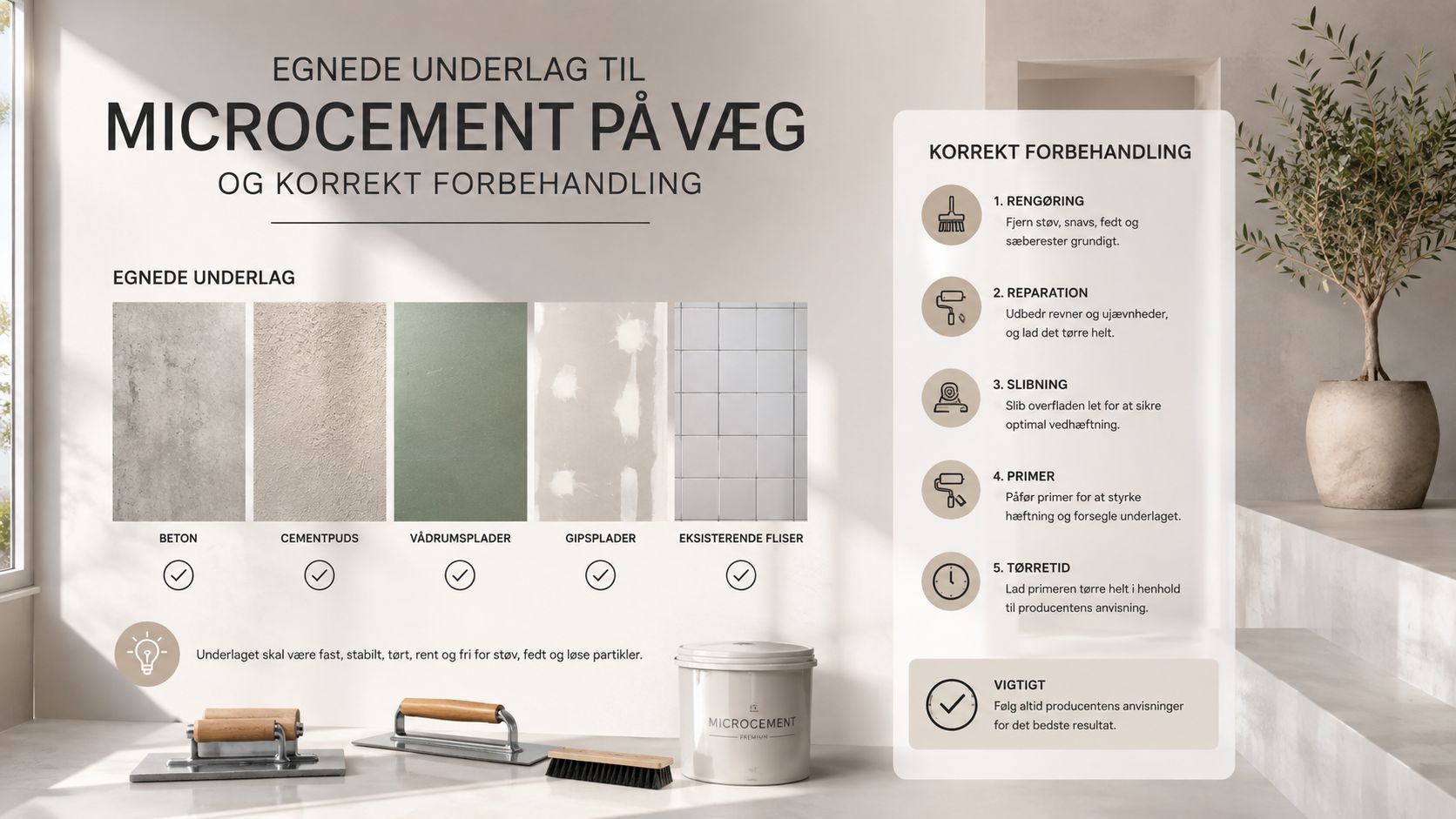 En infografik der viser egnede underlag til microcement på væg samt de nødvendige trin til forberedelse.