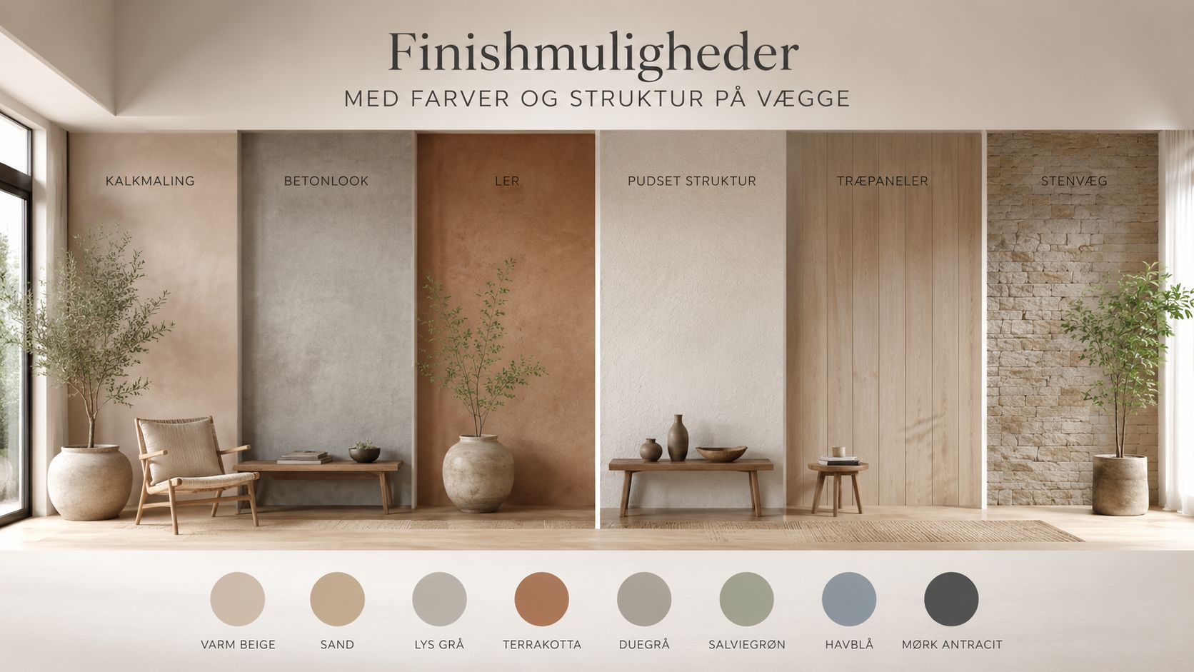 Eksempel på forskellige vægfinisher og farvepaletter til indretning af et moderne og stilfuldt hjem.