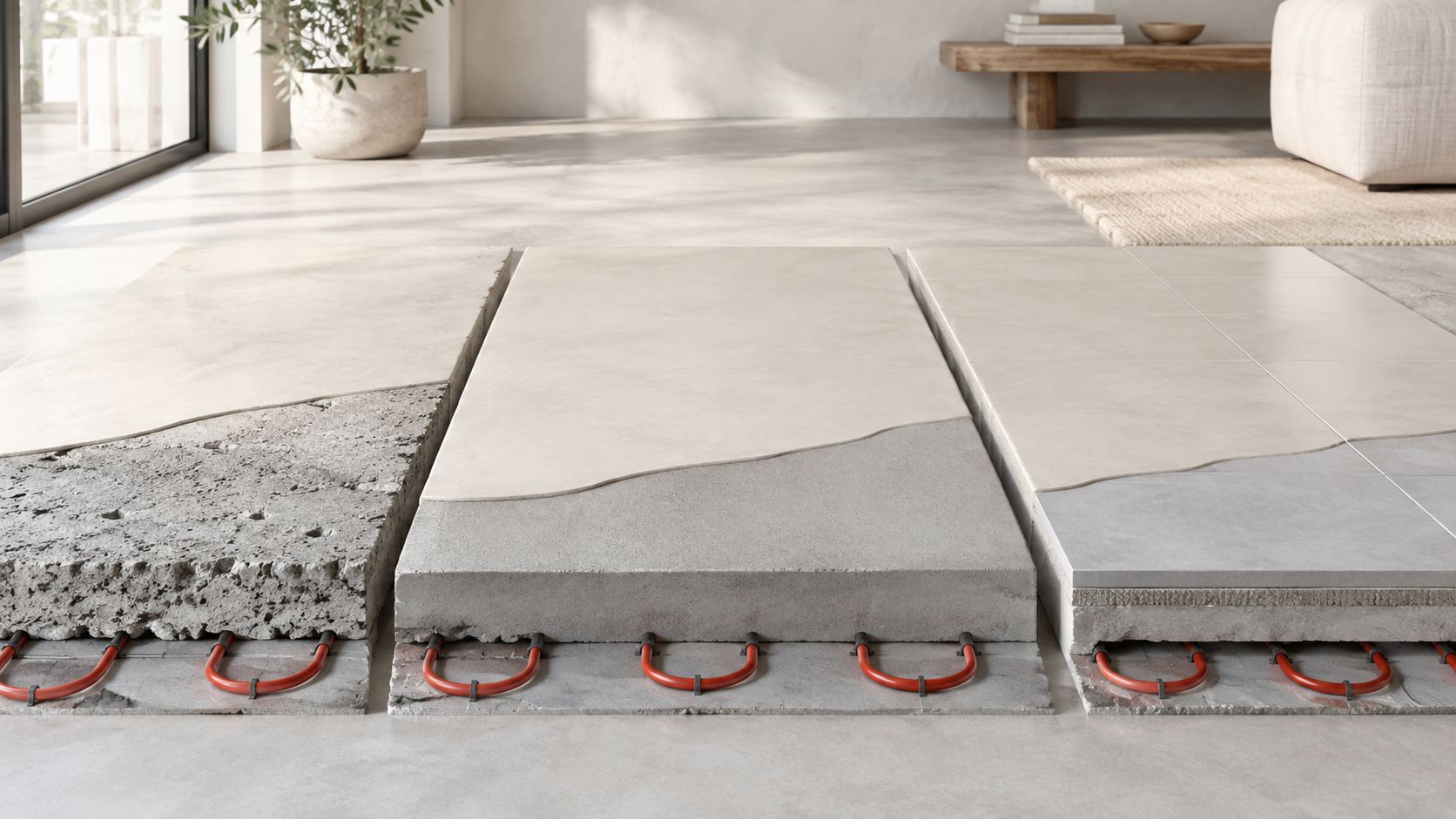 Tværsnit af forskellige gulvtyper med integreret gulvvarme, der viser installation af varmeslanger under beton og microcement.