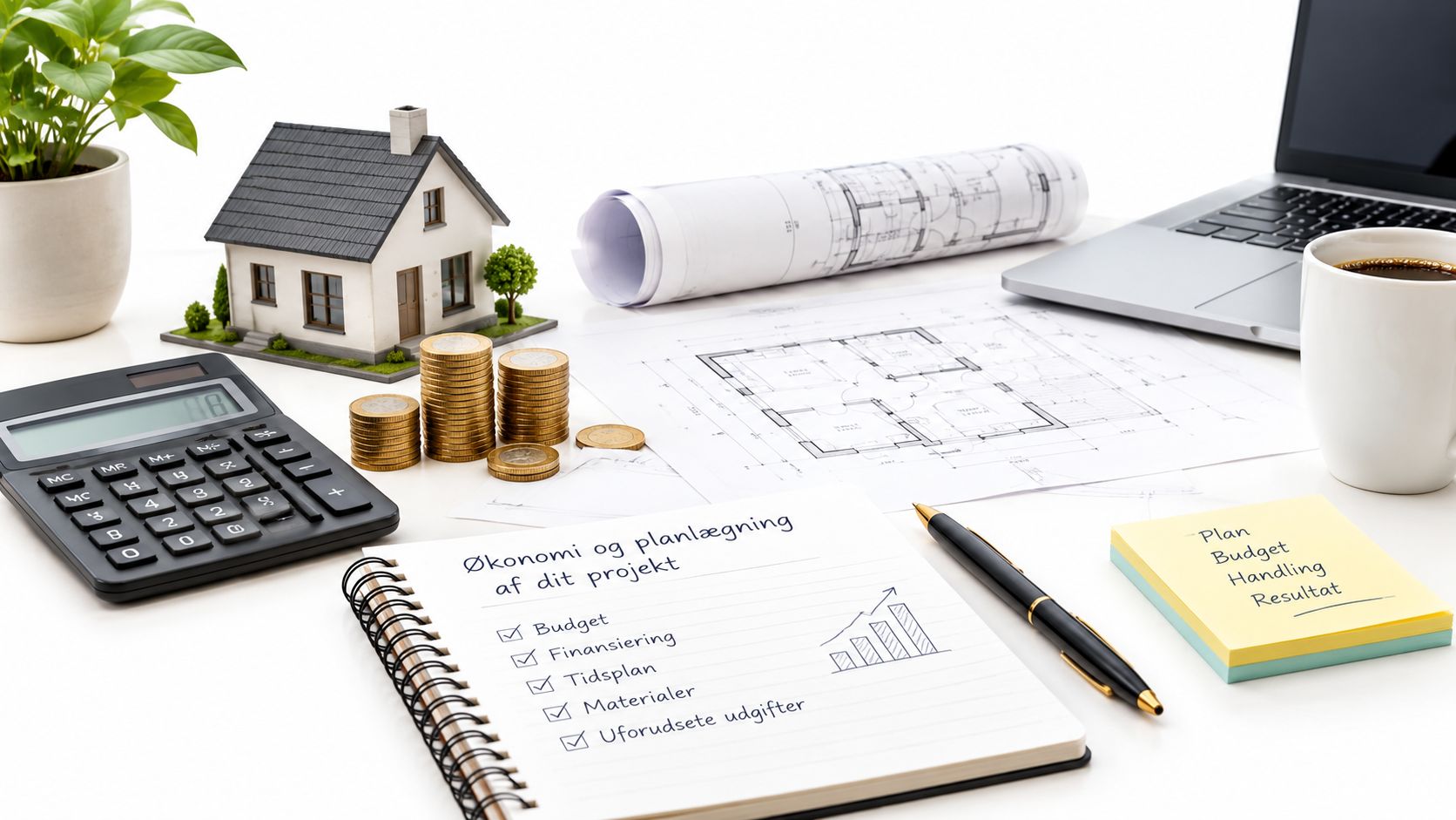 Skrivebord med husmodel, penge, tegninger, bærbar computer og planlægningsliste til et byggeprojekt eller renoveringsprojekt.