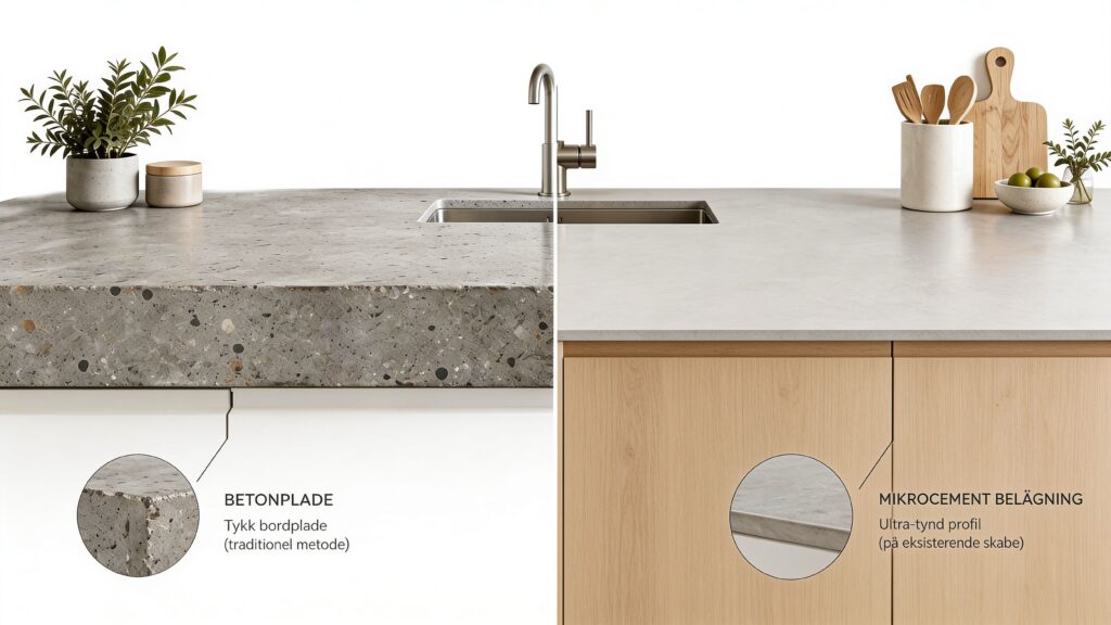 Køkkenbord med beton og træfinish, moderne design, køkkenvask og planter.