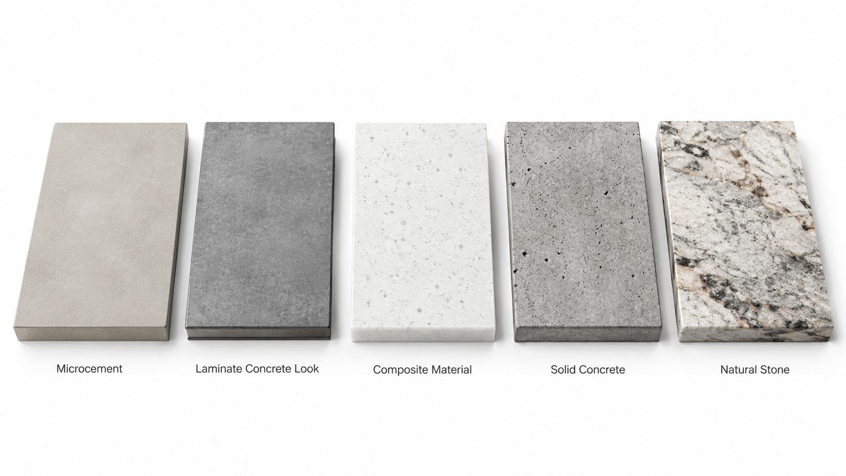 Fem forskellige materialeprøver til bordplader, inklusive beton-look, kompositmateriale, solid beton og natursten på hvid baggrund.