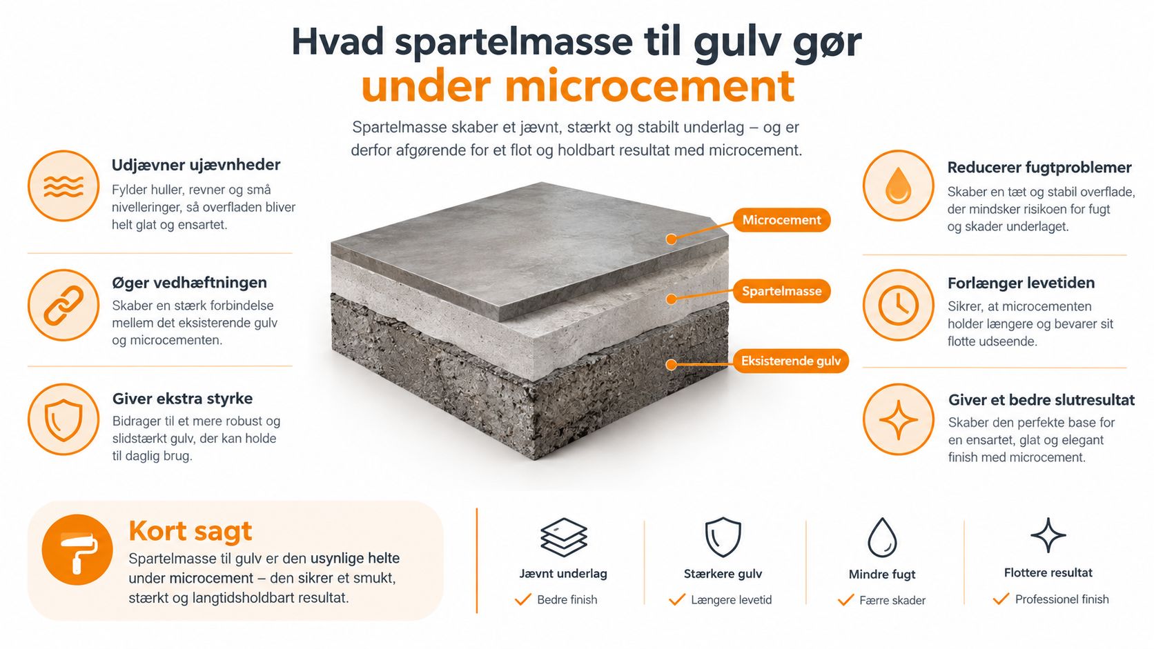 En infografik der viser vigtigheden af at bruge spartelmasse på gulve under et lag microcement.