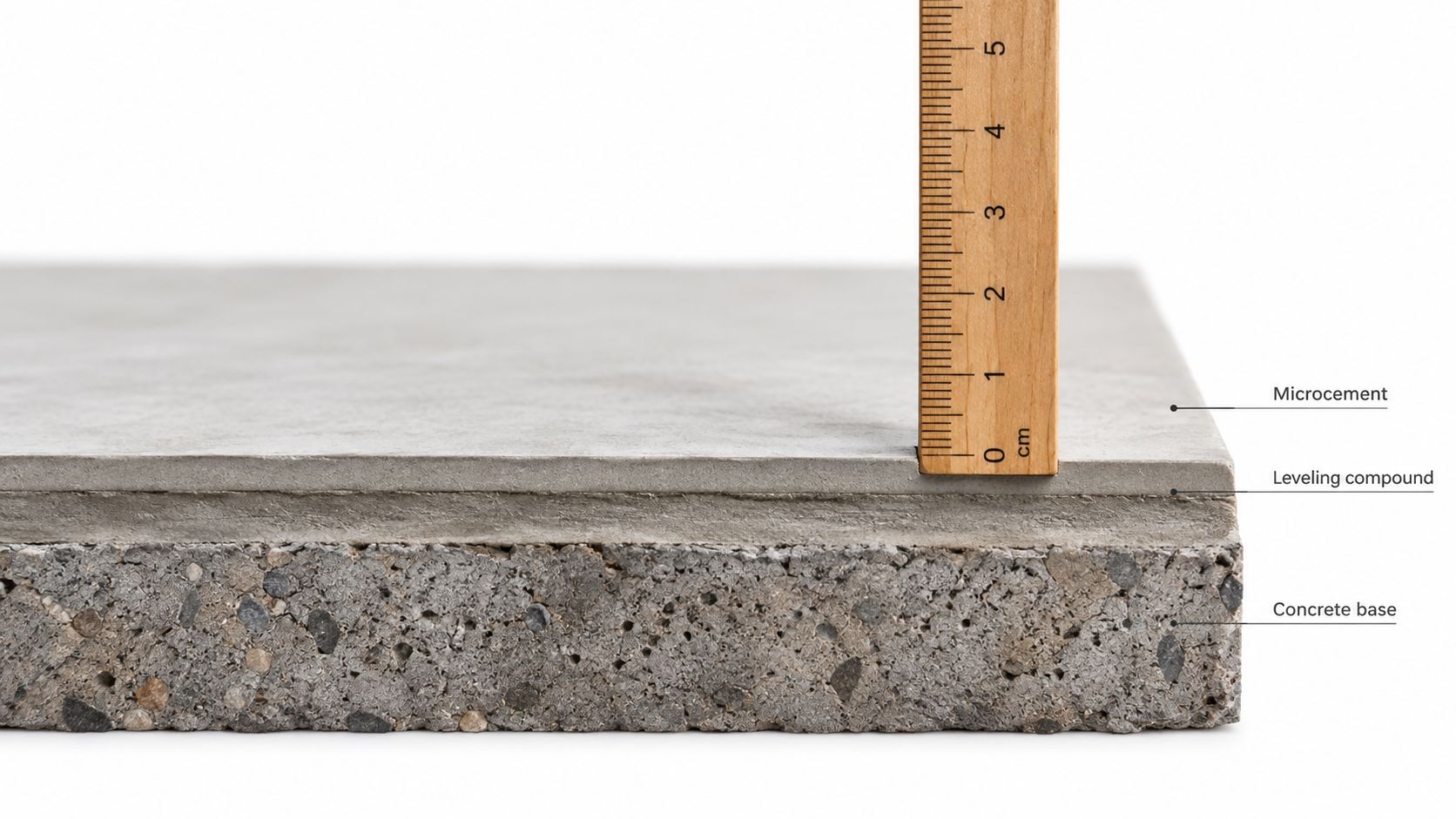 Et tværsnit af et gulvopbygning med betonbase, spartelmasse og et lag microcement målt med en lineal.