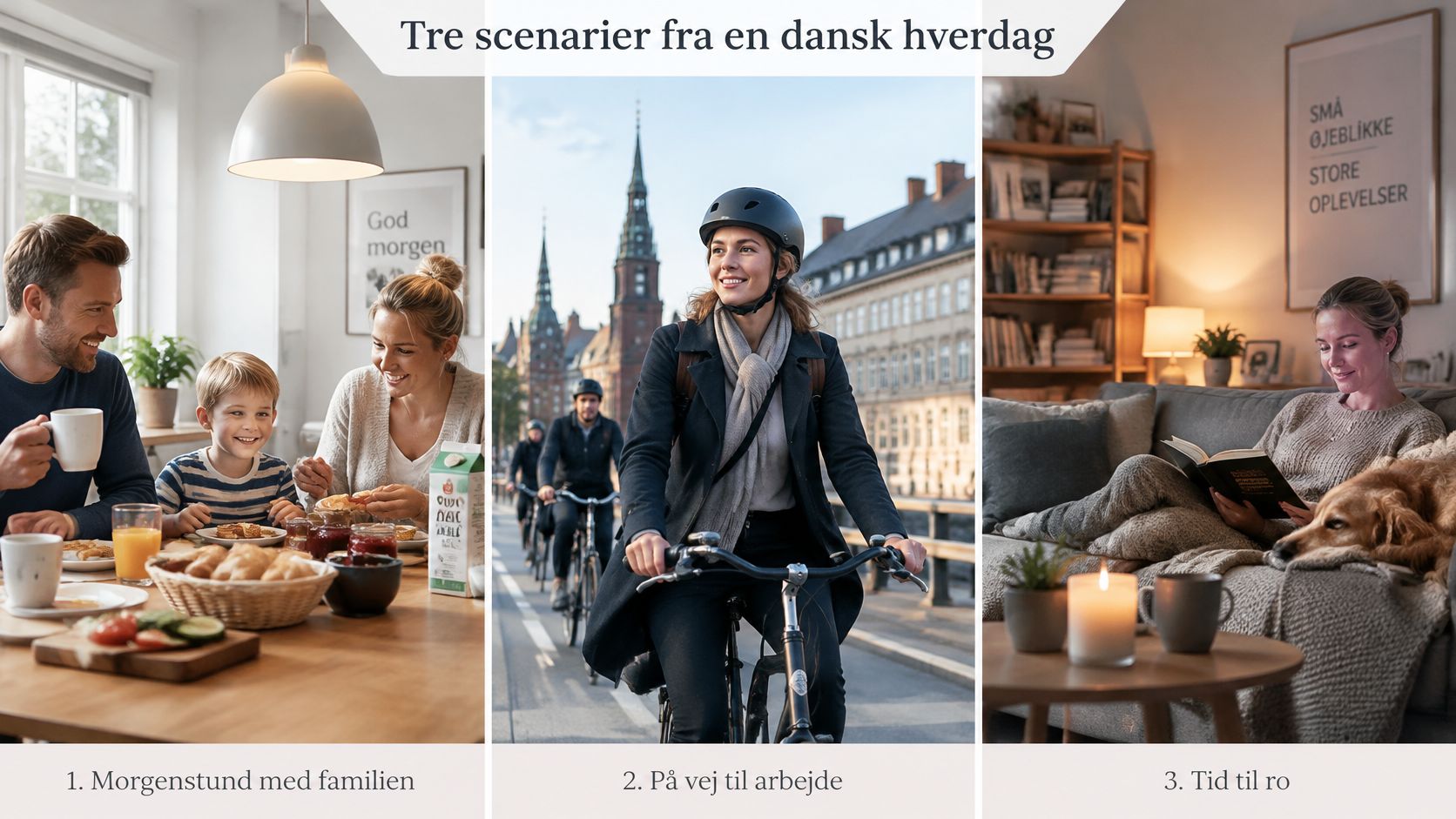 Tre billeder der viser hverdagens danske øjeblikke med morgenmad, cykeltur til arbejde og afslapning i sofaen.