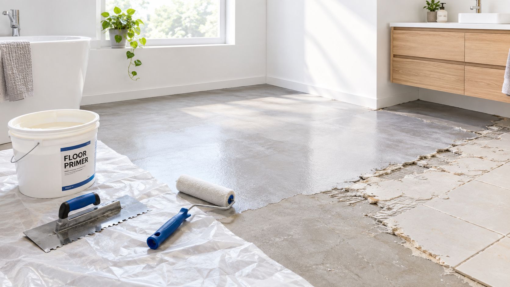 Renovering af badeværelsesgulv med påføring af primer og microcement, værktøj placeret på plastfolie foran en vask.