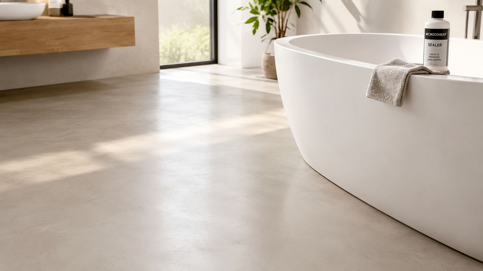 Et moderne badeværelse med lyst microcement gulv, fritstående badekar og en flaske microcement sealer på kanten.