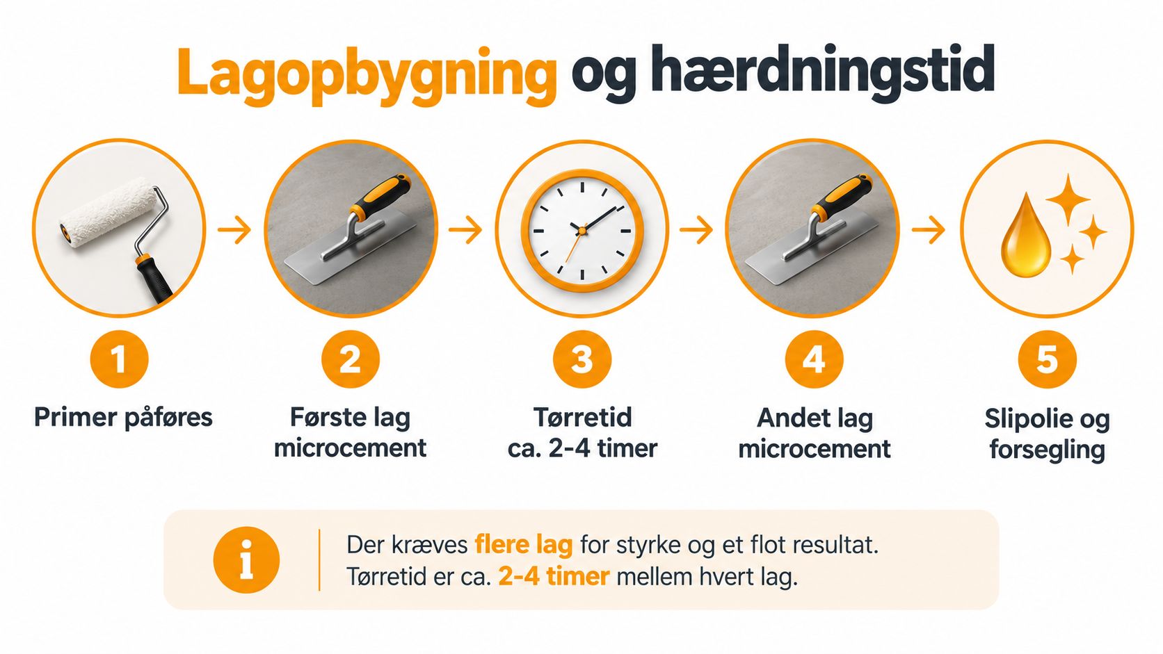 En guide i fem trin der viser hvordan man påfører microcement på et gulv eller en overflade.