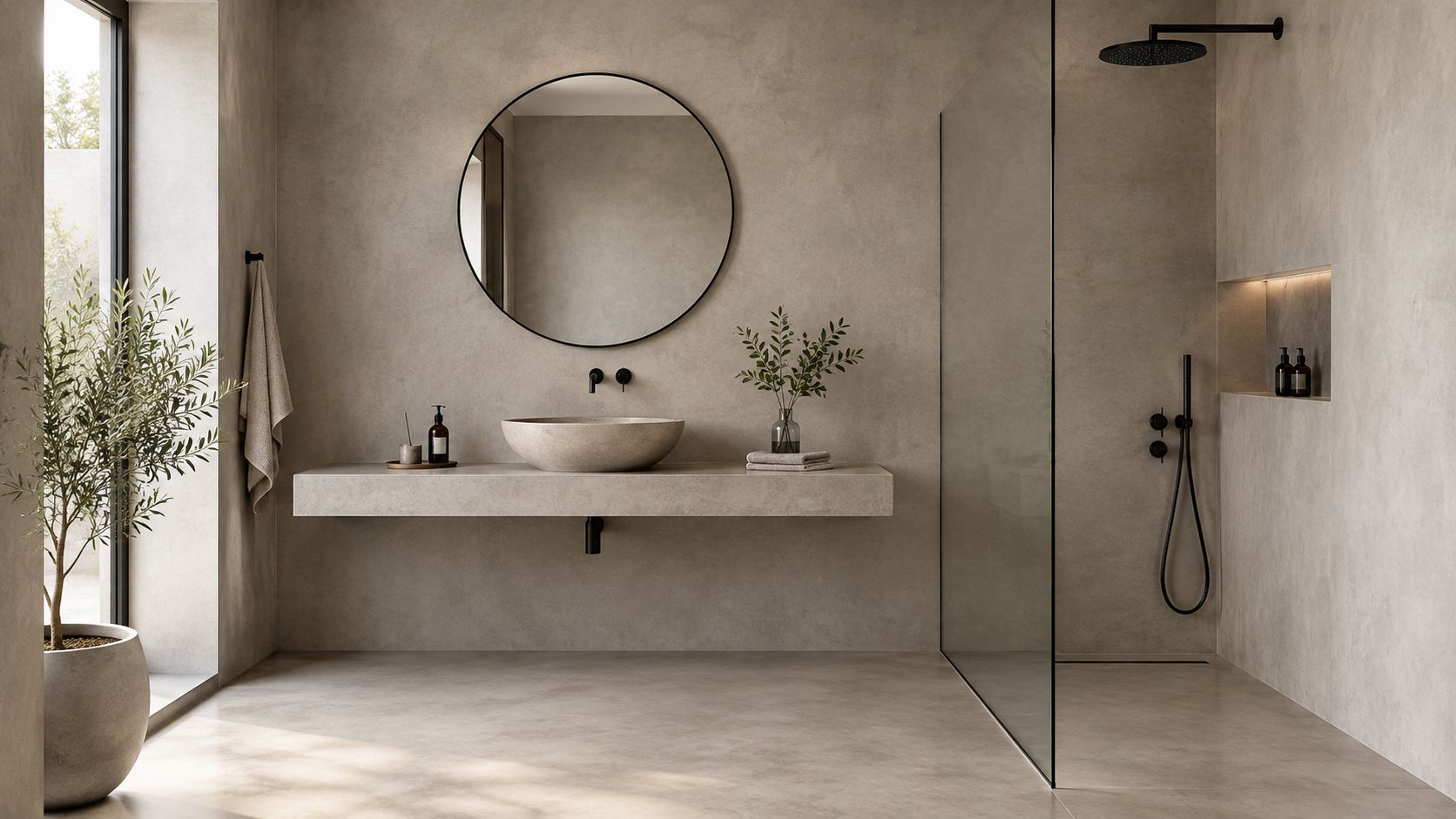 Et minimalistisk og moderne badeværelse i beige nuancer med et rundt spejl, naturstensvask og glasbrusevæg.