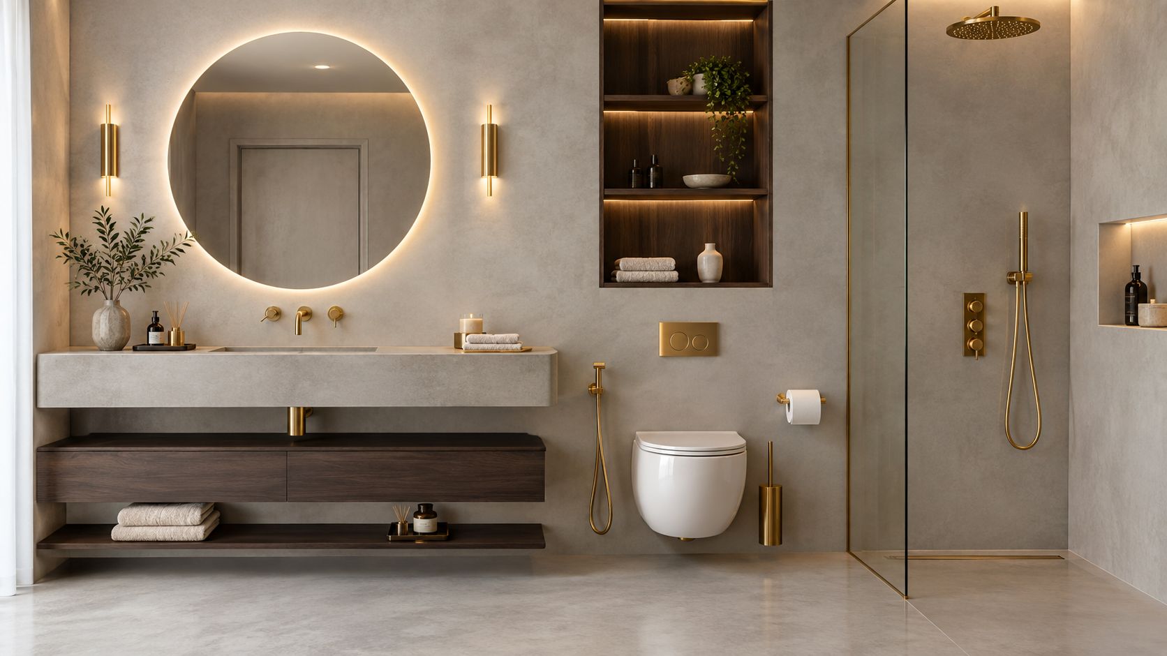 Et moderne badeværelse med minimalistisk design, cirkulært spejl, træmøbler, gyldne armaturer og en elegant glasbruser med betonfliser.