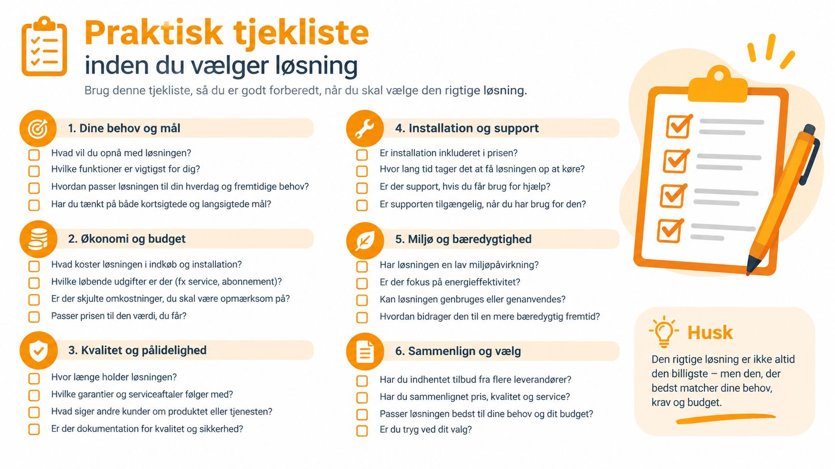 Praktisk tjekliste til valg af den rette løsning med seks kategorier og vejledende spørgsmål til din beslutningsproces.