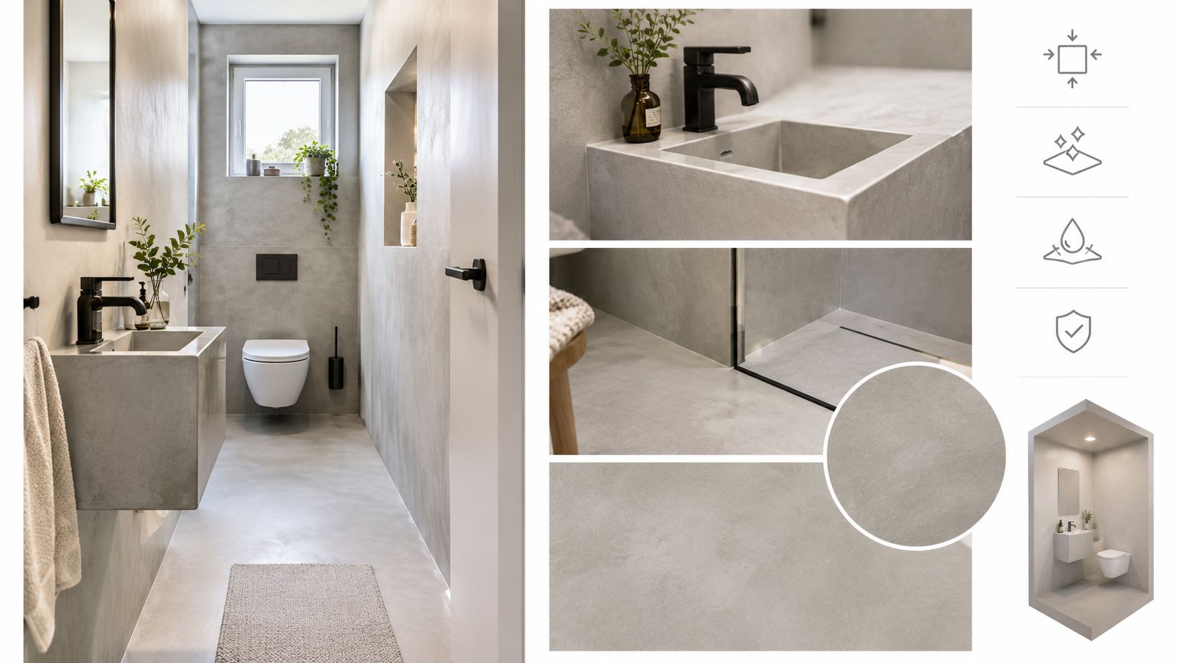 Badeværelse med microcement vægge og moderne armaturer.